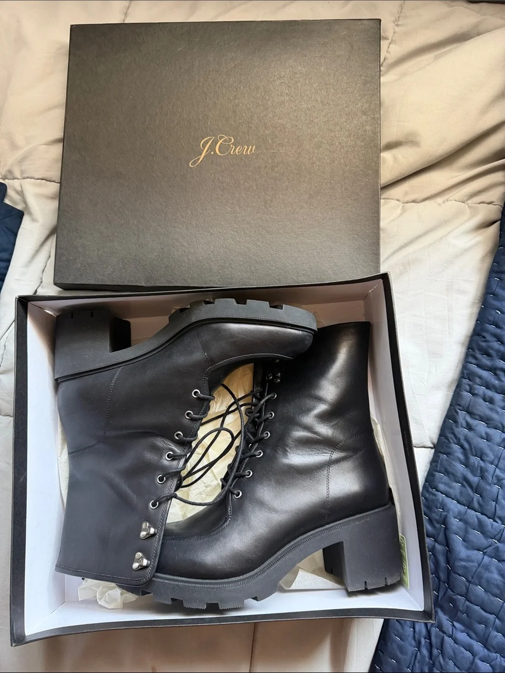 J. Crew Black Leather Lace-Up Lug Boots.  Size 12. Like New!